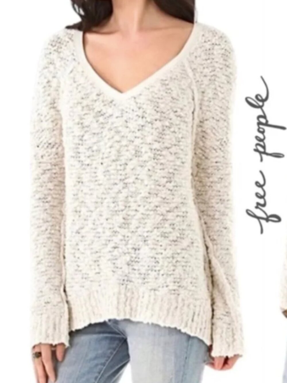Free People Songbird Textured Knit Boucle V-Neck Cream/Off-White Cotton Sweater